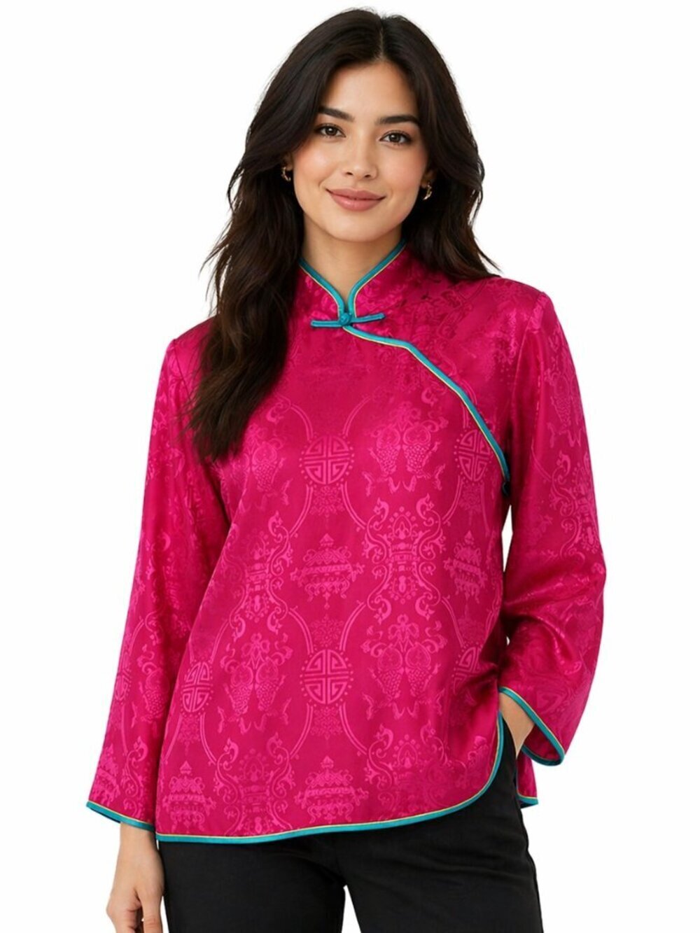 Vintage Neiman Marcus Magenta Silk Jacquard Cheongsam Qipao Top
